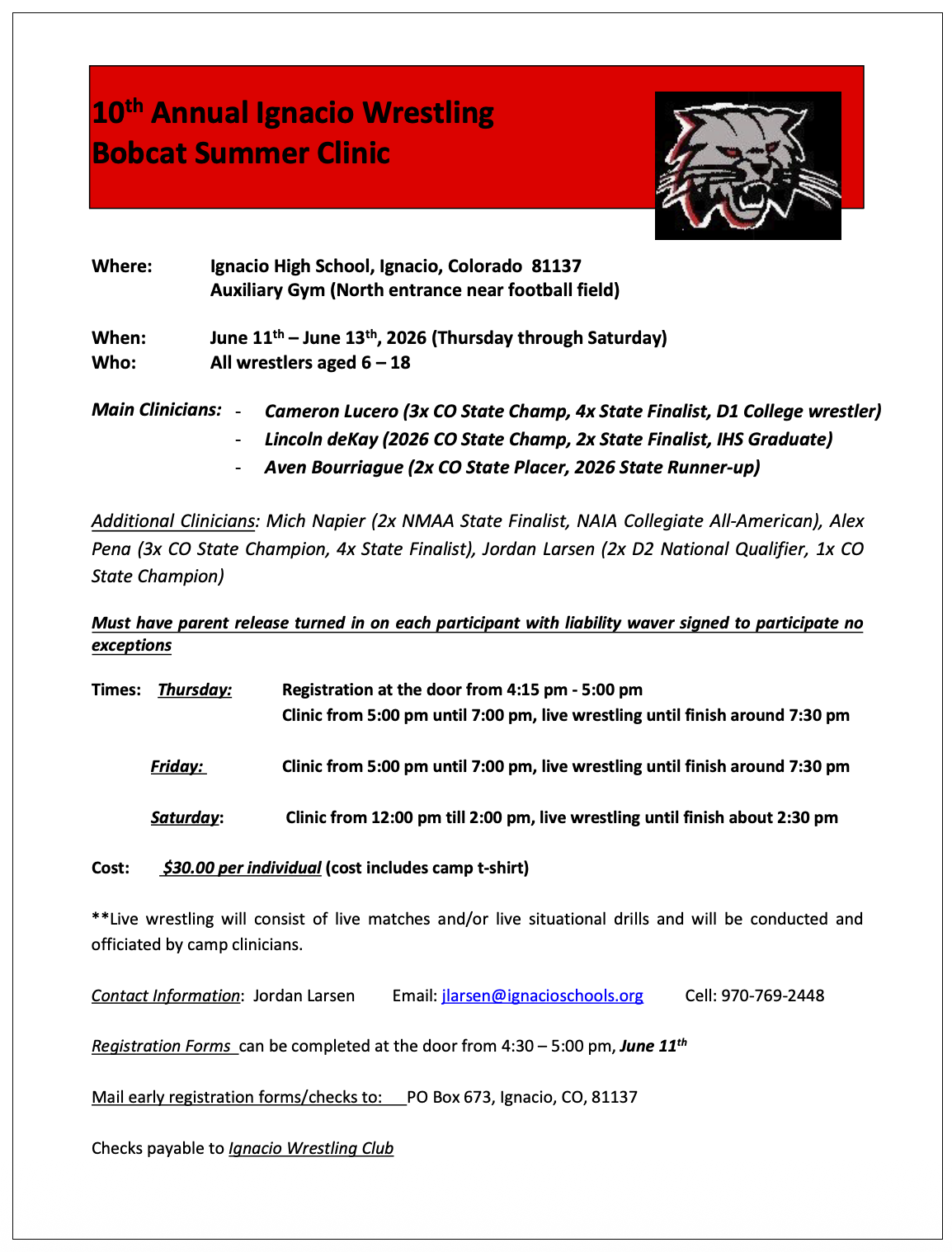 Youth - MS - HS Wrestling Clinic June 11th-13th